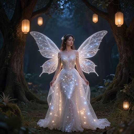 Photograph of a fairy-like woman in a glowing, starlit, white gown with transparent wings, standing in a dark forest illuminated by lanterns.