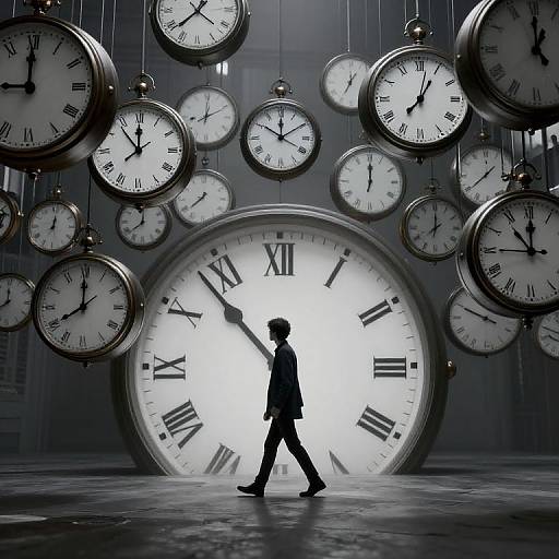 Silhouetted man walks through a room filled with oversized, hanging clocks; large central clock dominates background, black and white tones. Photographic art