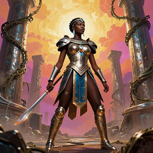 Digital art of a dark-skinned, muscular woman warrior with short braids, wearing gold armor and a blue skirt, holding a sword, standing confidently