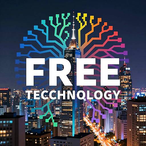 Photograph of a city skyline at night with colorful digital tree-like lines overlaying it. Text 