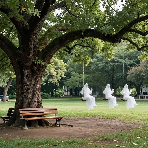 Photograph of a park with a large tree, wooden bench, and four white ghostly figures swinging on ropes in the background.