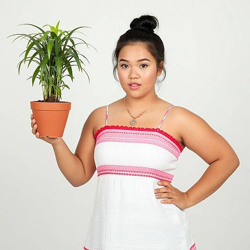 Asian woman with black hair in bun, wearing white dress with red trim, holding potted plant, white background, confident pose.