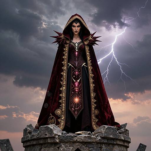 Digital art of a fierce woman in a dark, ornate hooded cloak with gold trim, standing on ruins, lightning illuminating stormy sky.