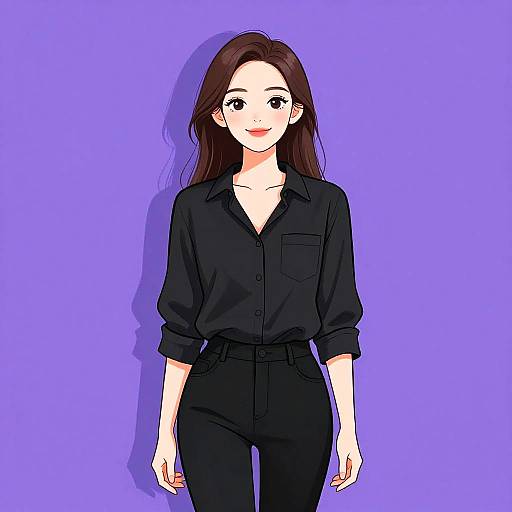 Digital anime-style drawing of a smiling woman with long brown hair, wearing a black button-up shirt and high-waisted black pants, against a solid