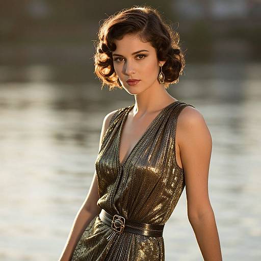 Photograph of a stylish woman with short, wavy brown hair in a shimmering, sleeveless, gold dress, standing by a sunlit water