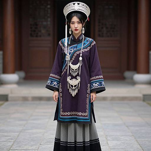 Photograph of an Asian woman in traditional dark purple Mongolian attire with intricate white and blue patterns, wearing a white headdress, standing in front of