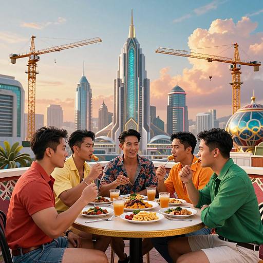 Retro Asian Muscle Men Dining Futuristically