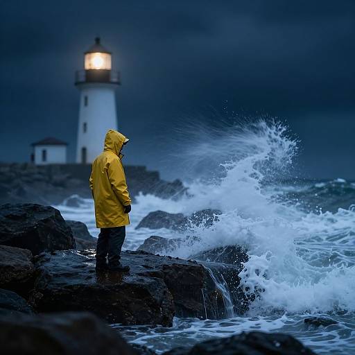 Photograph: Yellow-jacketed person stands on rocky shore, facing ocean waves, under dark, stormy sky; distant lighthouse illuminated, glowing