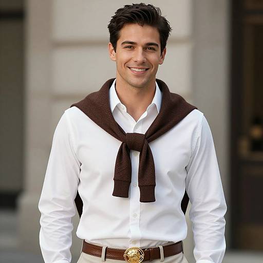 Photograph of a smiling young man with dark hair, wearing a white shirt, brown scarf, and beige pants, standing outdoors.