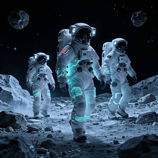 CGI image of three neon-lit astronauts in white spacesuits with American flag patches, walking on a rocky, blue-lit lunar surface with asteroids