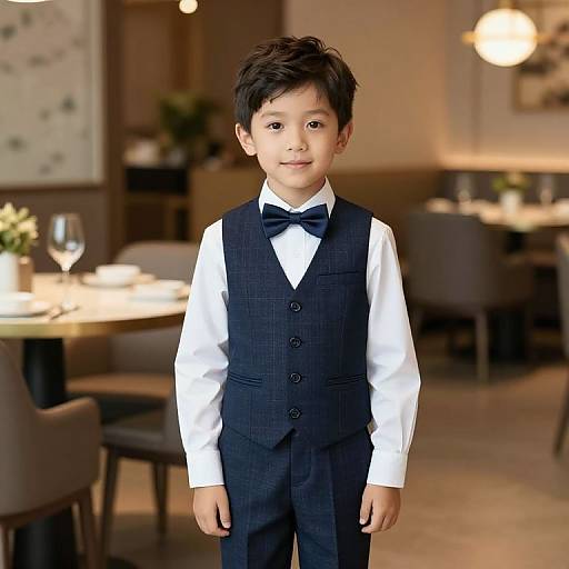 Photograph of a young Asian boy with short black hair, wearing a white shirt and black pinstripe vest and bow tie, standing in a softly