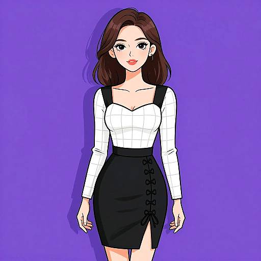 Digital anime-style drawing of a woman with long brown hair, white blouse, black skirt with lace-up side, against a purple background.
