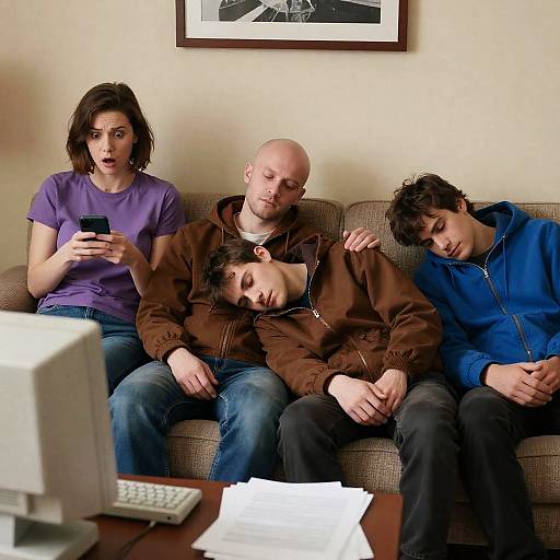 Surprised Woman and Friends on Couch