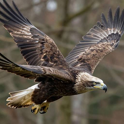 Photograph of a majestic bald eagle mid-flight, wings fully spread, brown feathers with white head, yellow beak, and talons visible, against