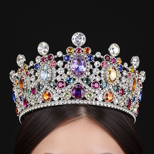 Photograph of an ornate, multicolored diamond and gemstone tiara adorned with variously sized, sparkling jewels, set against a black background