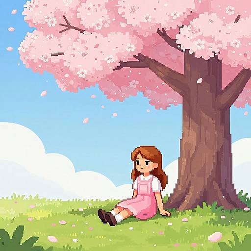 Pixel art of a girl with brown hair in a pink dress, sitting under a pink cherry blossom tree on a sunny day.