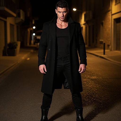 Photograph of a muscular, serious-looking man in a black coat, shirt, and pants, standing on a dimly lit, empty street at night