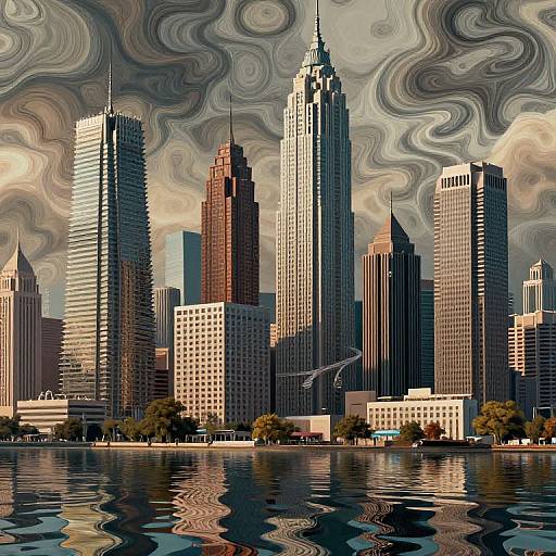 Digital artwork of a city skyline with tall, reflective skyscrapers against a swirling, abstract sky. Water in the foreground mirrors the buildings. Vibrant
