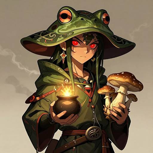 Digital anime-style drawing of a young woman with glowing red eyes, green frog hat, holding a lantern and mushrooms. Dark green cloak, serious expression,