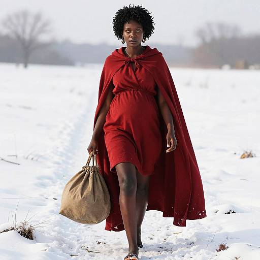 Photograph of a dark-skinned woman with natural afro, wearing a red cape and dress, walking in a snowy field, carrying a brown sack