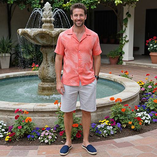Man in Coral Palm Shirt Relaxing Outdoors