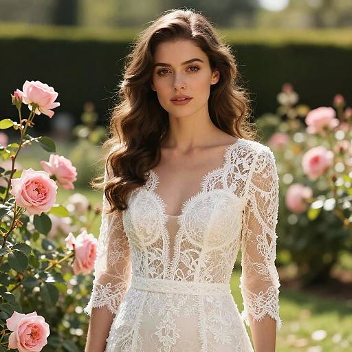 Photograph of a beautiful woman with long brown hair in a white lace wedding dress, standing in a sunlit rose garden.