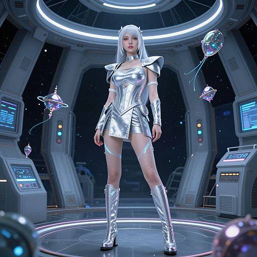 Digital artwork of a silver-haired woman in a metallic silver cosplay outfit, standing in a futuristic spaceship control room with floating iridescent orbs. Neon lights