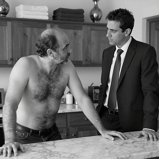Black and White Photo of Shirtless Man and Man in Suit