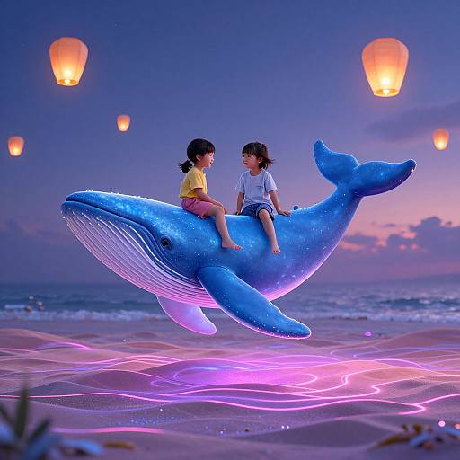 Photograph of two children riding a glowing blue inflatable whale on a beach at twilight, surrounded by floating orange lanterns and pink neon lights.