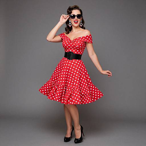 Photograph of a smiling woman in a red polka dot off-shoulder dress, black belt, black heels, and sunglasses, against a gray