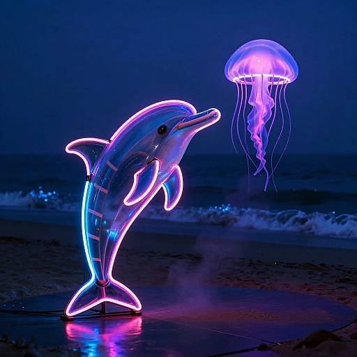 Neon-lit dolphin sculpture leaping beside glowing purple jellyfish against dark, blue-toned ocean waves at night, creating a vibrant, surreal beach