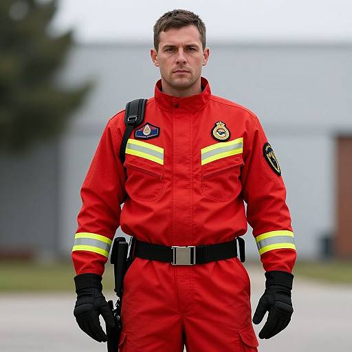 Photograph of a serious, short-haired Caucasian male firefighter in bright red uniform with yellow stripes, black gloves, and black belt, standing outdoors against a