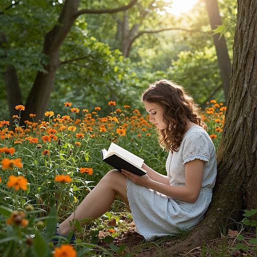 Photograph of a curly-haired woman in a white dress reading a book, sitting against a tree in a sunlit forest with vibrant orange flowers.