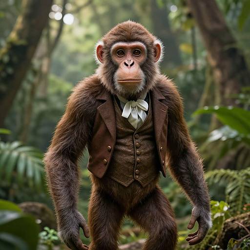 Photorealistic CGI of a dressed-up monkey in a brown vest and white bow tie, standing in a lush, green jungle.
