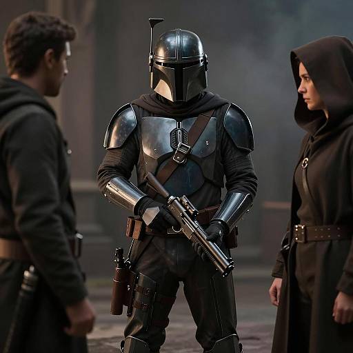 Mandalorian and Two Figures in Dimly Lit Setting