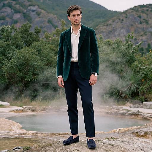 Photograph of a handsome man with short brown hair, wearing a green velvet blazer, white shirt, black pants, and navy loafers, standing