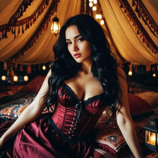 Woman in Burgundy Corseted Dress in Bohemian Tent