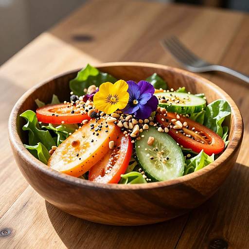 Photograph of a vibrant wooden bowl salad with tomato slices, cucumber, lettuce, sunflower petals, and flower garnish, on a sunlit wooden