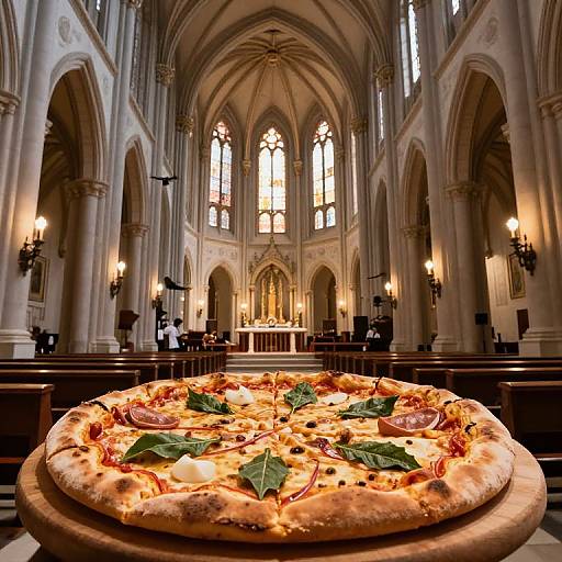 Photograph of a delicious pizza with pepperoni, basil, and olives in a grand, Gothic-style cathedral with tall arches and stained glass windows