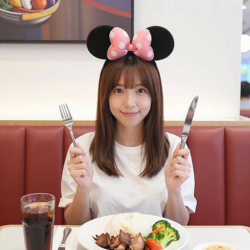 Cheerful Asian Woman Dining in Red Booth