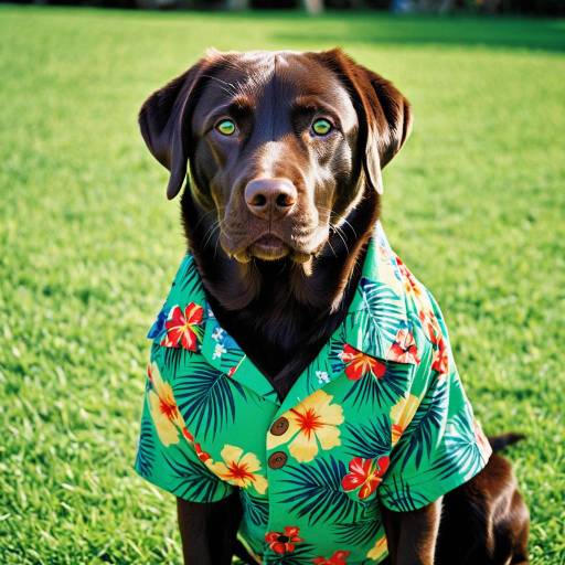 Chocolate Labrador in Hawaiian Shirt Outdoors Chocolate Labrador in Hawaiian Shirt Outdoors