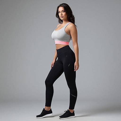 Photograph of a fit, dark-haired woman in a white sports bra with pink trim, black high-waisted leggings, and black sneakers, standing