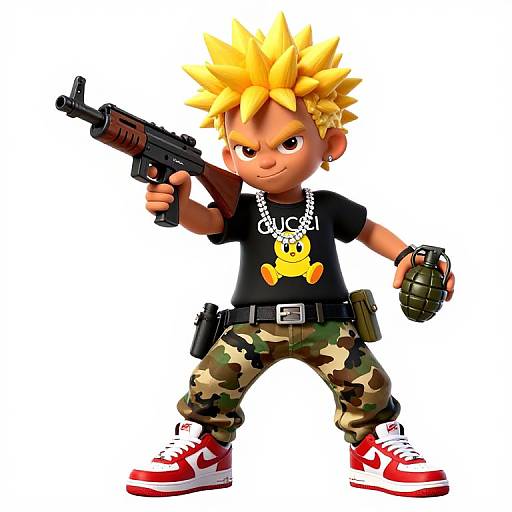 CGI image of a spiky-haired, tan-skinned boy with camouflage pants, red sneakers, black t-shirt, holding a gun, and grenade