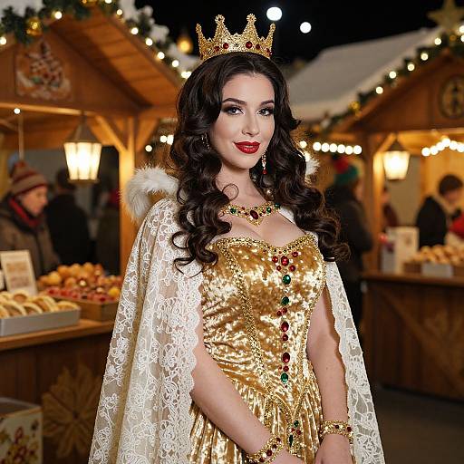 Photograph of a fair-skinned woman with long, wavy dark hair, wearing a gold sequin dress, white lace cape, and gold crown