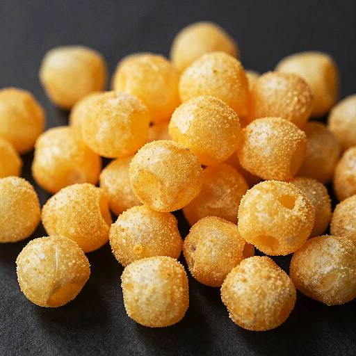 Photograph of a pile of golden, sugar-coated, round candy balls on a black background, highlighting their textured, sparkling surfaces.