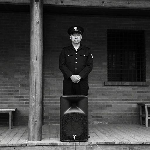 Serious Man in Uniform on Platform