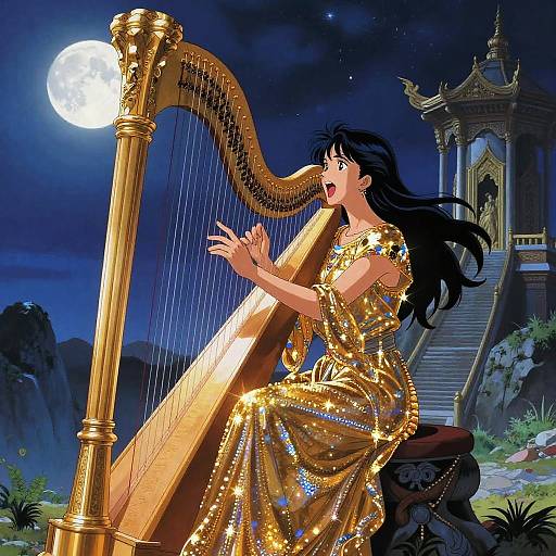 Digital art of a black-haired woman in a glittering gold dress, playing a golden harp under a moonlit night sky, beside an ornate