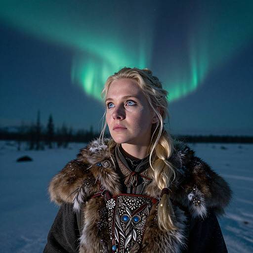 Photograph of a blonde woman with blue eyes, wearing a fur-trimmed medieval cloak, gazing at vibrant green auroras in a snowy night