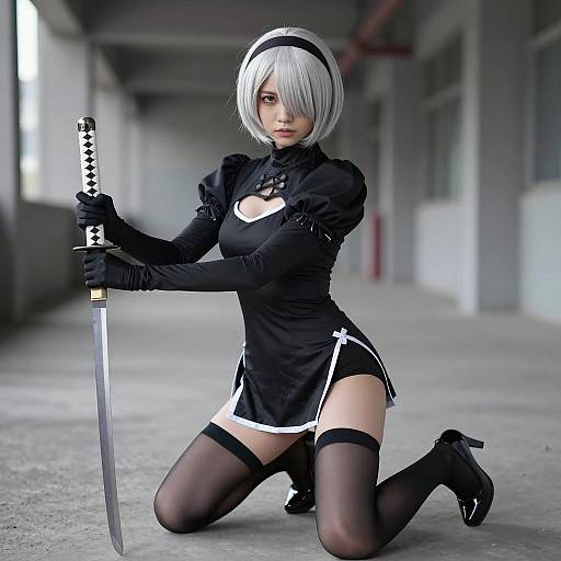 Cosplayer Kneeling with Katana in Industrial Hallway
