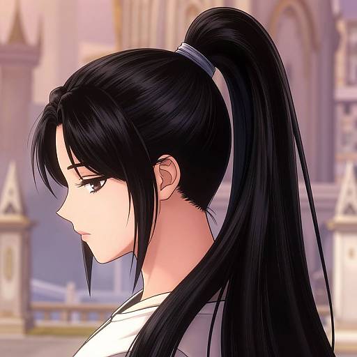 Digital anime-style portrait of a serious young woman with long black hair in a high ponytail, side profile, in a blurred cathedral background.